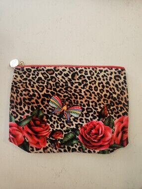 Estee Lauder Leopard Print Cosmetic Pouch with Red Roses & Colourful Butterfly